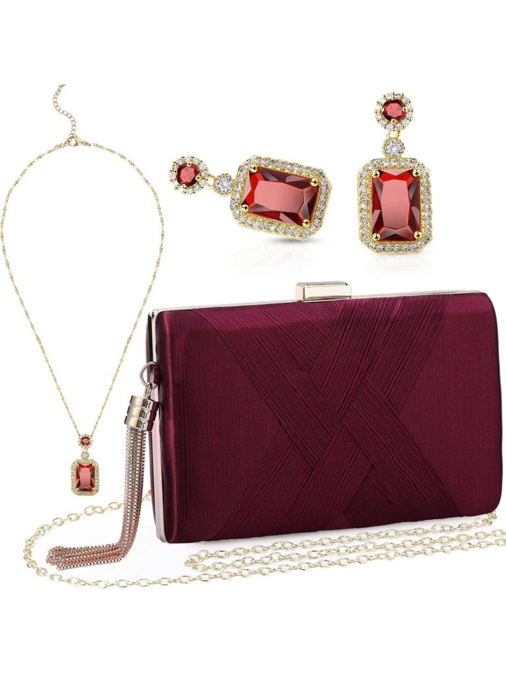 Women's Maroon Red 3 Piece Clutch Purse Set Evening Handbag Jewelry Gifts